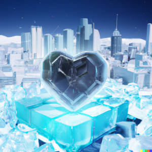 DALL·E 2023-02-14 08.52.21 - A frozen heart inside a large cube of ice, with a hyper realistic background of a cryptocurrency techically forwared cyber city